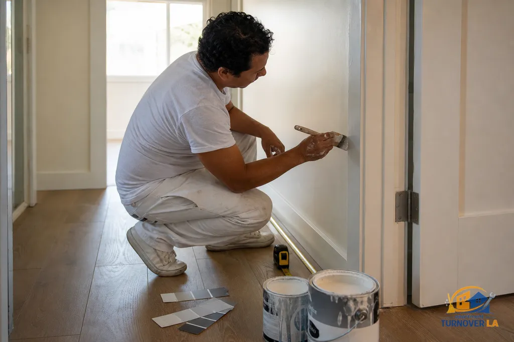 Detail of cut-in along door trim with brush, sheen cards, and paint cans in a Los Angeles rental hallway