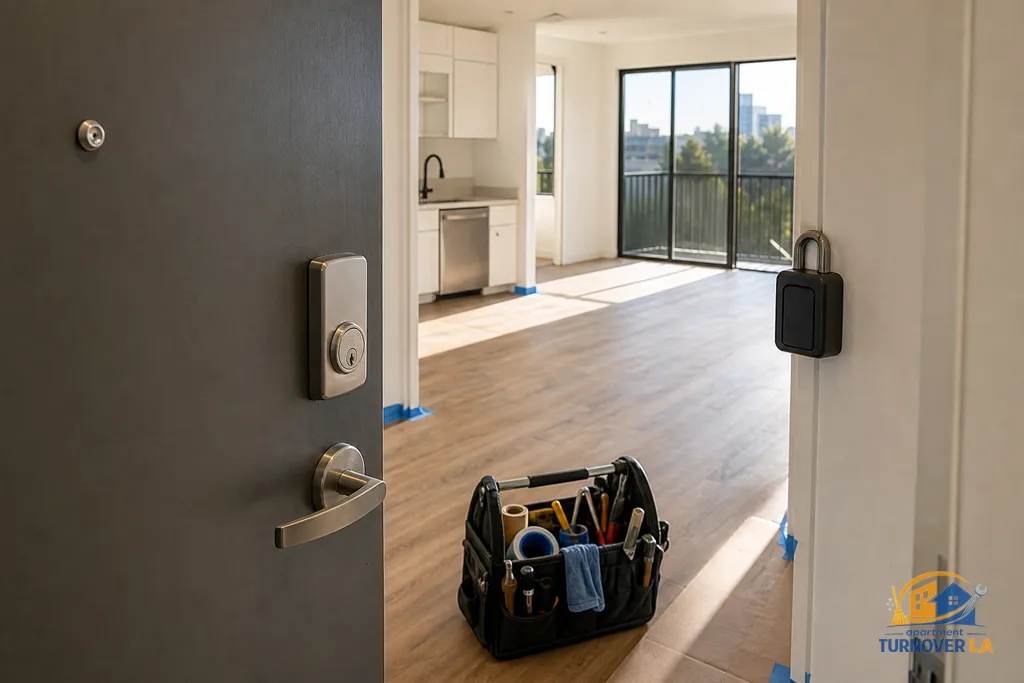 Detail of rekeyed front door and baseboard prep during a West Hollywood apartment turnover handyman visit