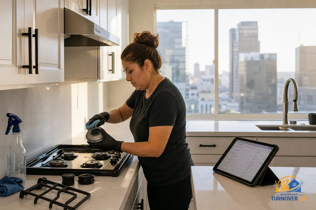 Cleaner degreasing an LA apartment kitchen range hood and cabinets with a timestamped photo checklist on a tablet