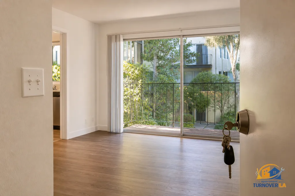 Detail of a completed LA apartment make ready with rekeyed lock, clean baseboards, patched drywall spot, and bright living room finish