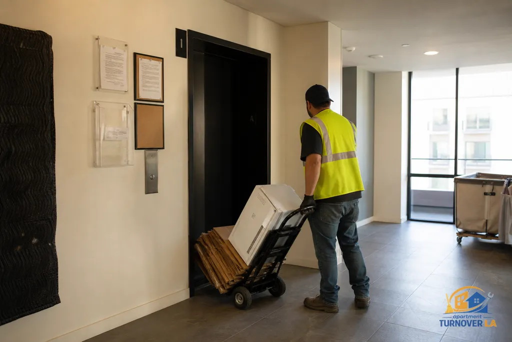 LA mid-rise service elevator area with posted elevator hours and COI notice as a hauler stages a hand truck with a small appliance and boxes