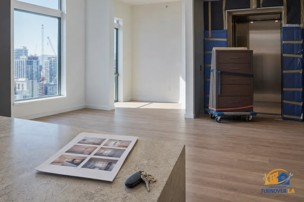 Dresser on a dolly near a padded elevator in a downtown LA high-rise, with corner guards and a photo report on the counter after a cleanout