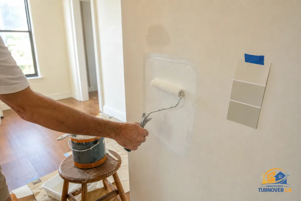 Detail of drywall patch and paint touch-up blending on an eggshell wall, with primer and matching can visible in an LA rental unit