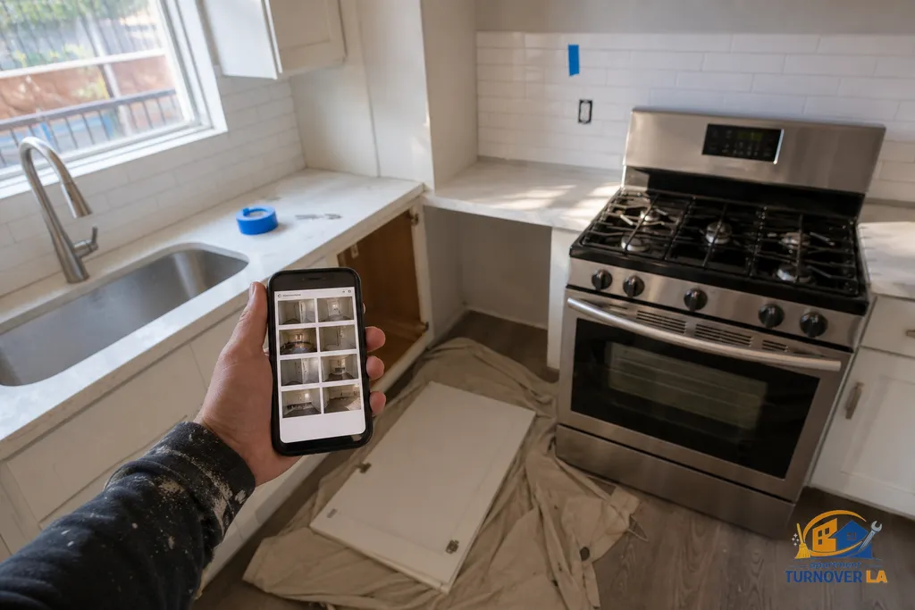Kitchen during LA rental turnover with cabinet repaint prep, drywall patch marked, and a 12-point photo report open on a phone