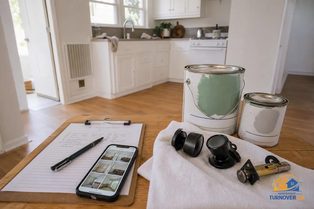 Turnover detail with checklist, touch-up paint, new door hardware, and a photo report displayed on a phone in a Santa Monica apartment