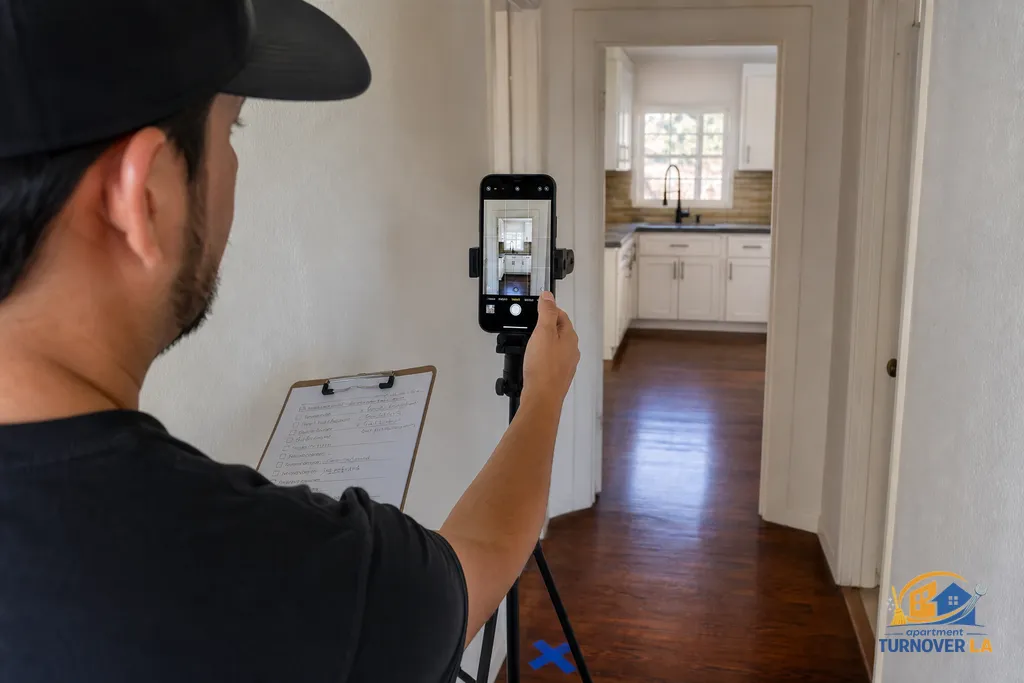 Landlord sets HDR and straight verticals for a hallway scene in a Koreatown apartment using a smartphone and checklist