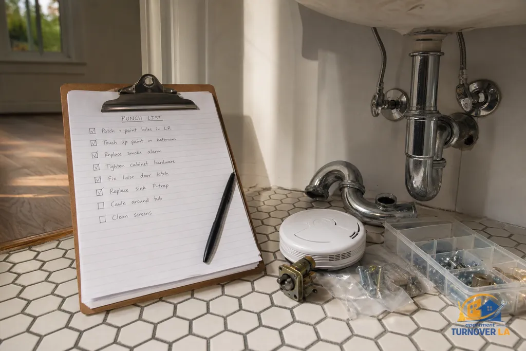 Handyman punch list with parts laid out, including smoke alarm and P-trap under sink in an older Los Angeles rental bathroom