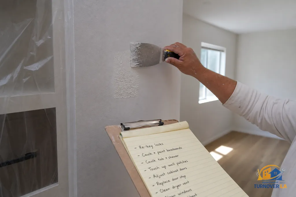 Applying knockdown texture to a small drywall repair with a visible rental punch list and protective masking in a Westside LA unit