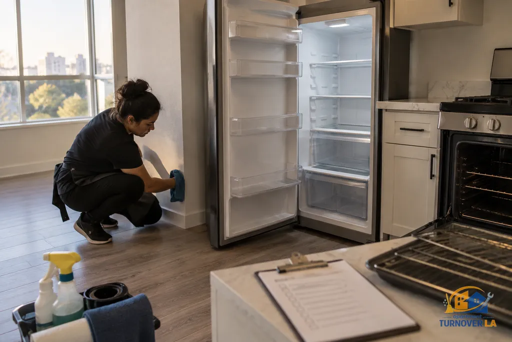Cleaner reaching behind appliances during an LA apartment move-out cleaning
