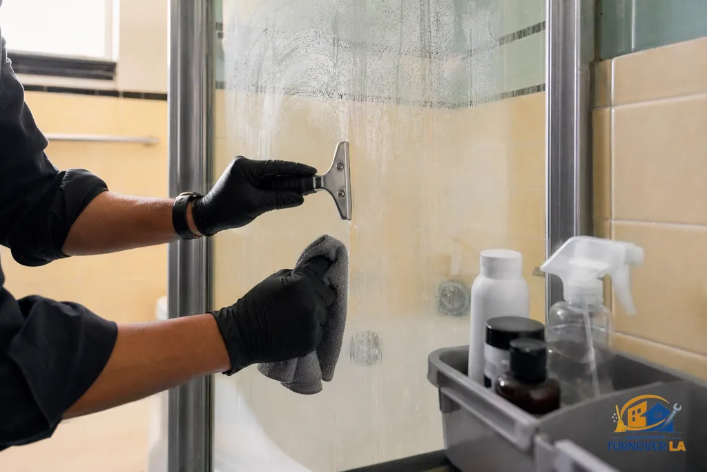 Detail of hard water removal on LA apartment shower glass using microfiber and scraper as part of turnover cleaning