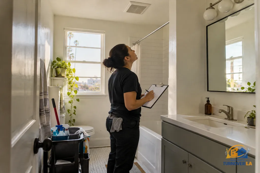 Bathroom deep cleaning inspection during an LA apartment turnover
