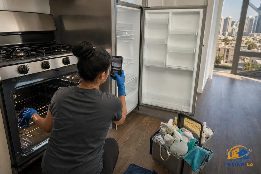 Cleaner detailing fridge and stove interiors in a small LA kitchen while logging photos for a 12-point turnover report
