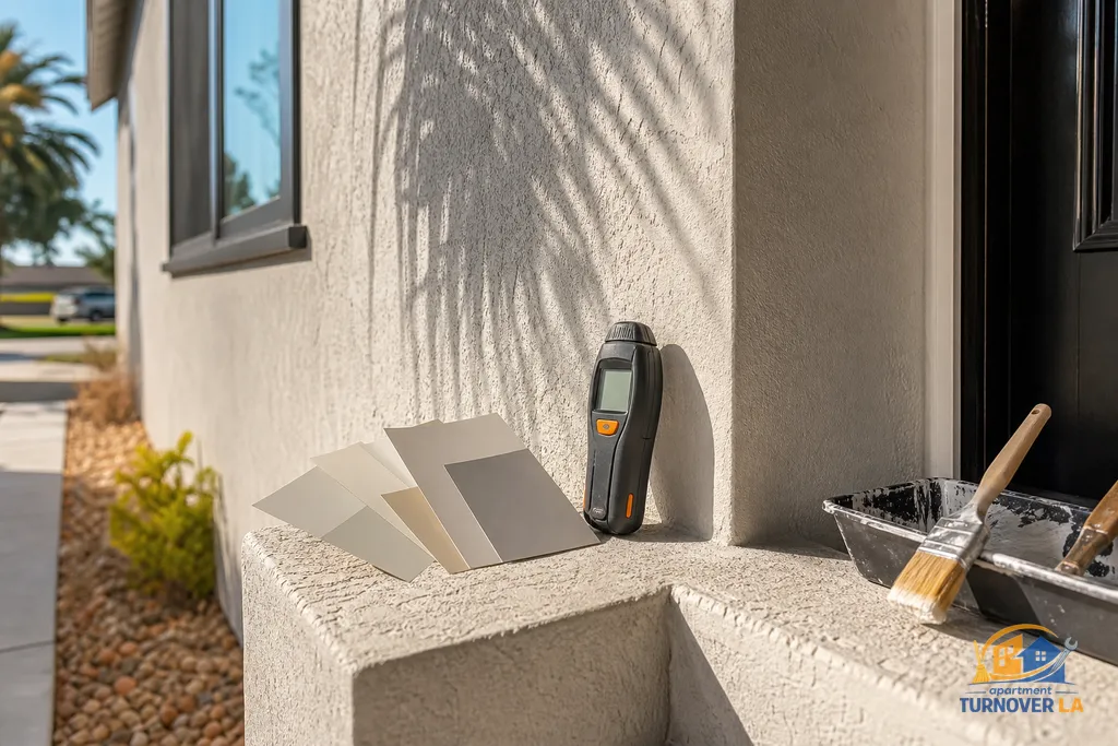 Stucco color samples and prep tools on a shaded Los Angeles exterior wall showing materials used before painting