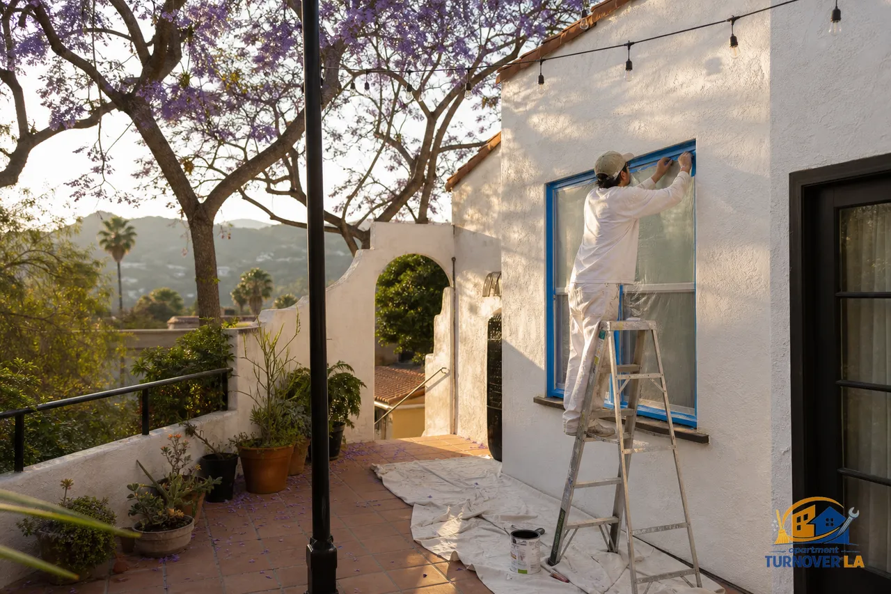 Painter masking a stucco window on a Silver Lake Spanish duplex exterior in Los Angeles during an exterior house painting project