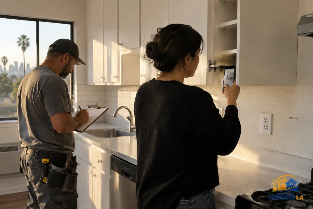 Landlord documenting apartment handyman repairs during an LA turnover inspection