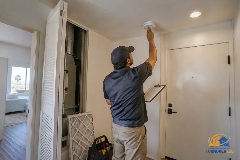 Documented apartment safety inspection with smoke alarm testing and HVAC filter