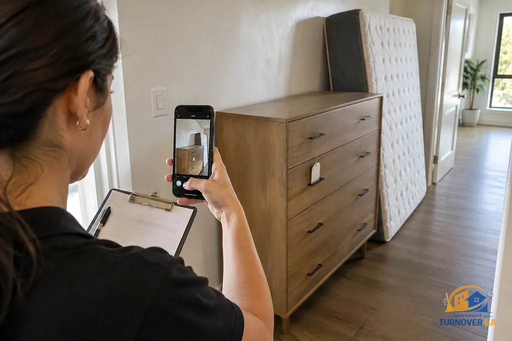 Property manager documents furniture for a Los Angeles apartment cleanout request