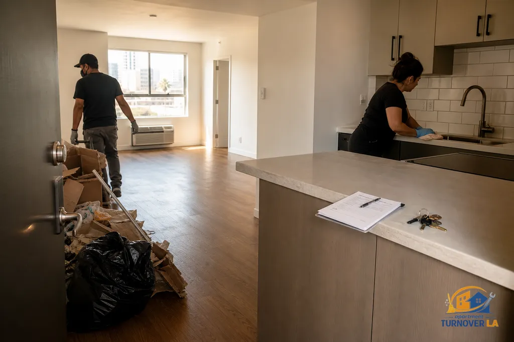 Hollywood studio turnover prep with junk haul and cleaning underway before listing media capture, keys and checklist on kitchen counter
