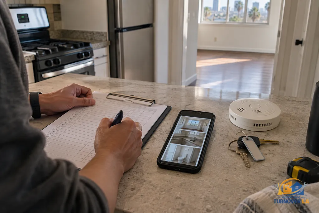 Turnover checklist, keys, and inspection photos used to reduce apartment vacancy days