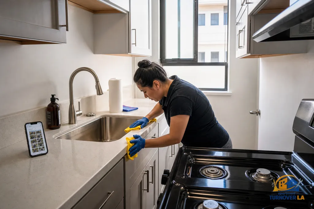 Detail cleaning of a Koreatown apartment kitchen with a 12 point photo report checklist visible on a phone