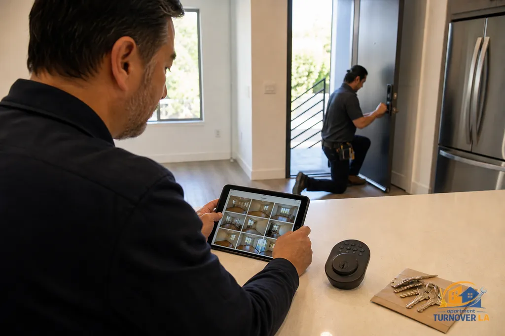 Property manager reviewing a digital 12-point photo report while a locksmith rekeys the front door and a smart lock sits ready for install