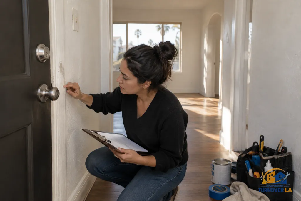 Rental turnover checklist beside a rekeyed apartment entry door in Los Angeles