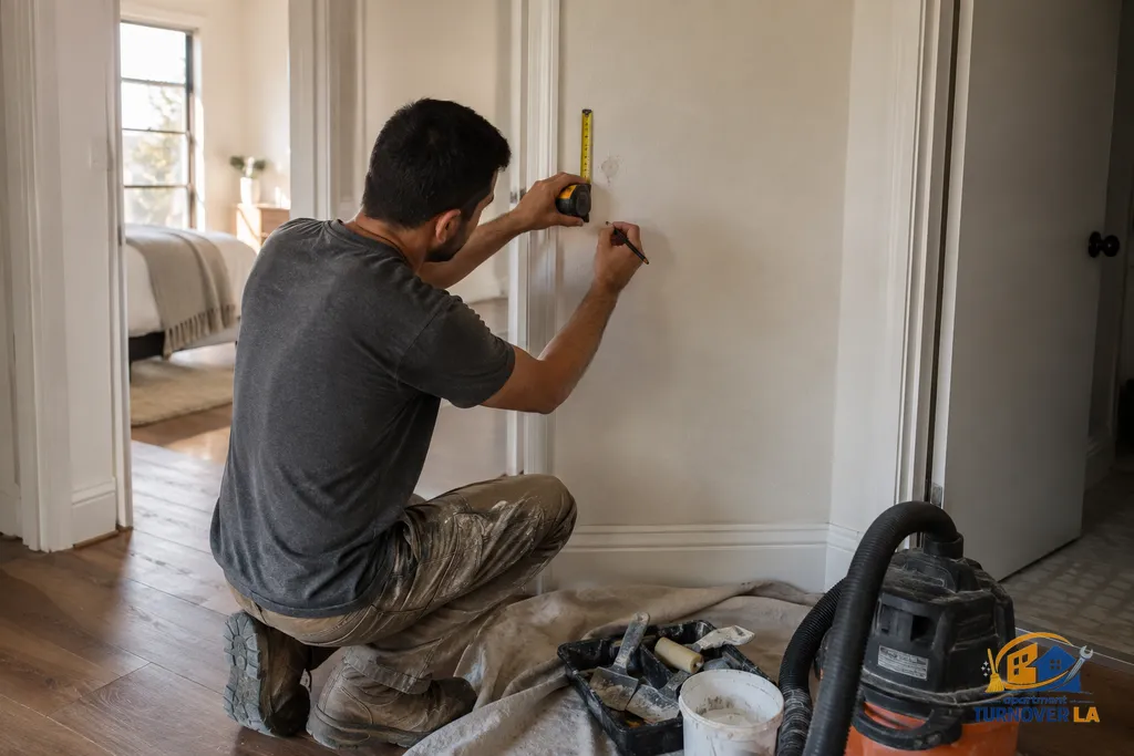 Drywall punch list repair being measured during a Los Angeles apartment turnover
