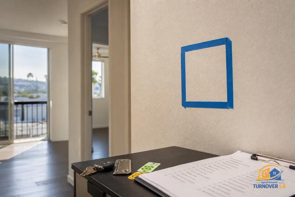 Finished drywall repair with blended orange-peel texture and taped paint touch-up in a West Hollywood apartment