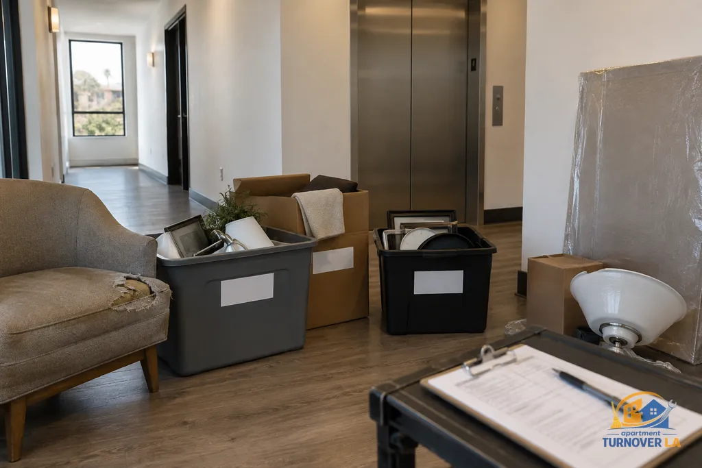 Sorted furniture and belongings staged for an apartment cleanout in Los Angeles