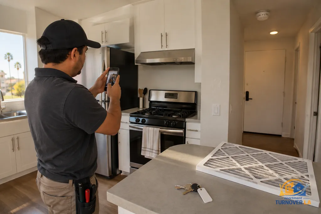 Documented LA apartment turnover inspection with cleaned kitchen and repair checks