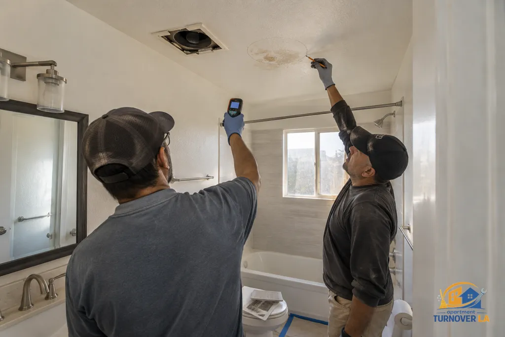 Moisture check before ceiling drywall repair in a Los Angeles rental bathroom