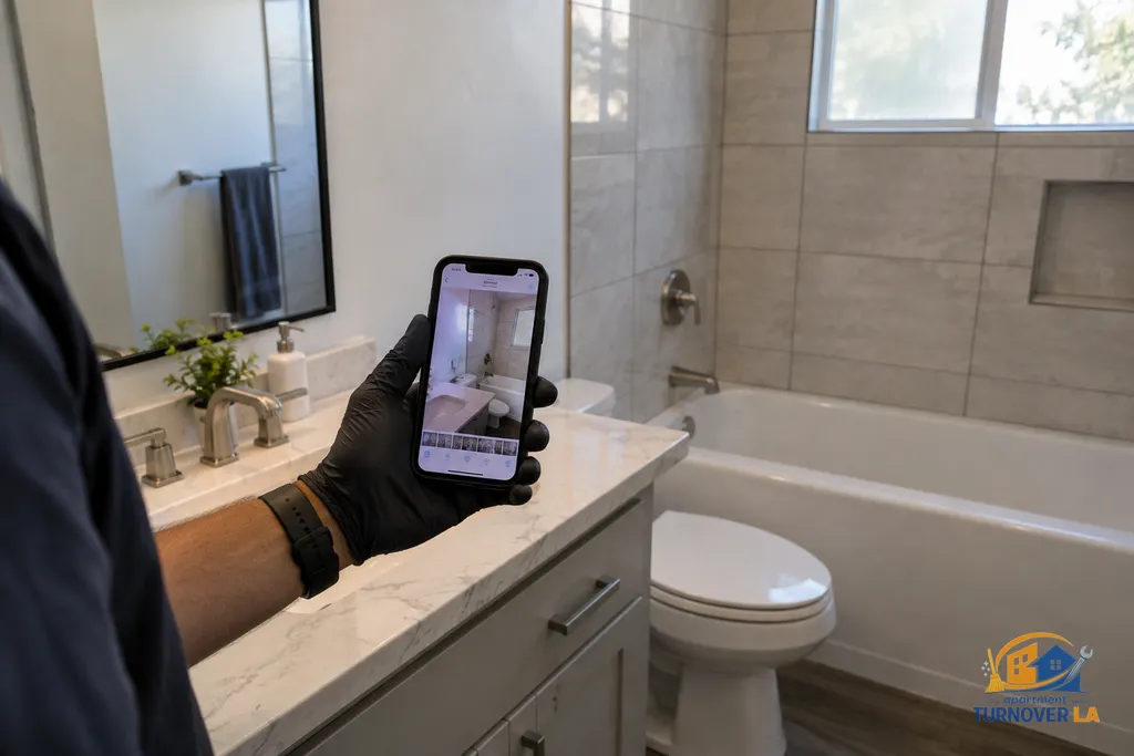 Turnover inspection photos after deep cleaning a Los Angeles apartment bathroom
