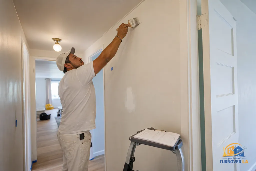Painter cutting in a ceiling line in a bright LA hallway with taped trim and a primed drywall patch ready for finish coats