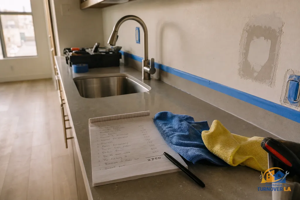Kitchen turnover detail with taped trim, drying drywall patch, and a price checklist showing make ready line items