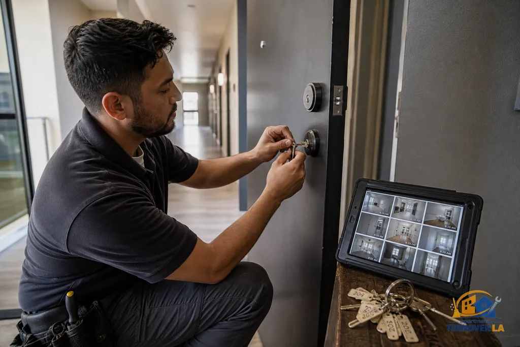 LA apartment entry during make ready with rekey in progress and a digital photo checklist open on a tablet