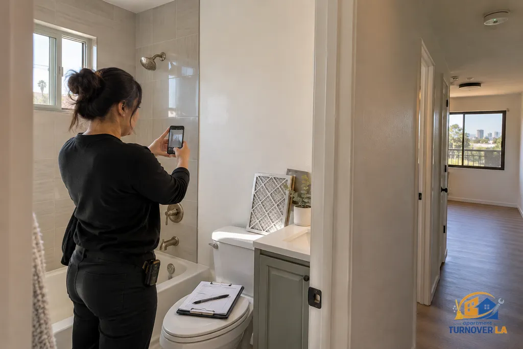 Final apartment turnover inspection of bathroom repairs and cleaning details in LA