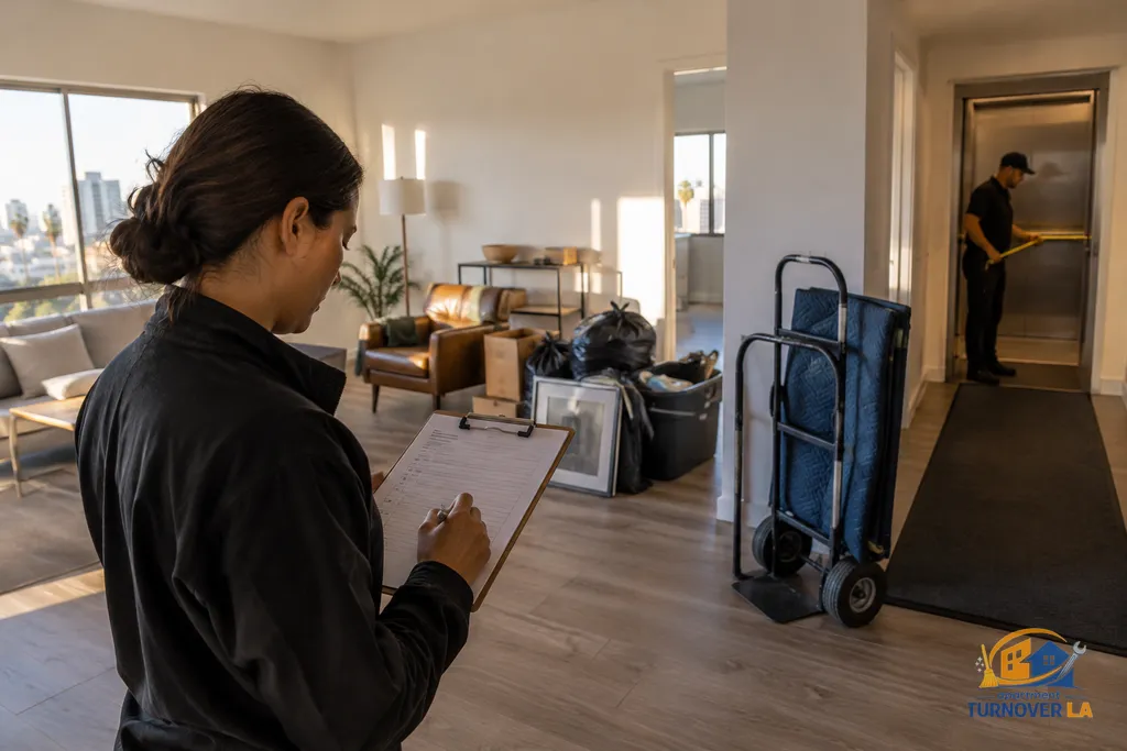 Cleanout assessment of furniture and appliance access in an LA rental turnover
