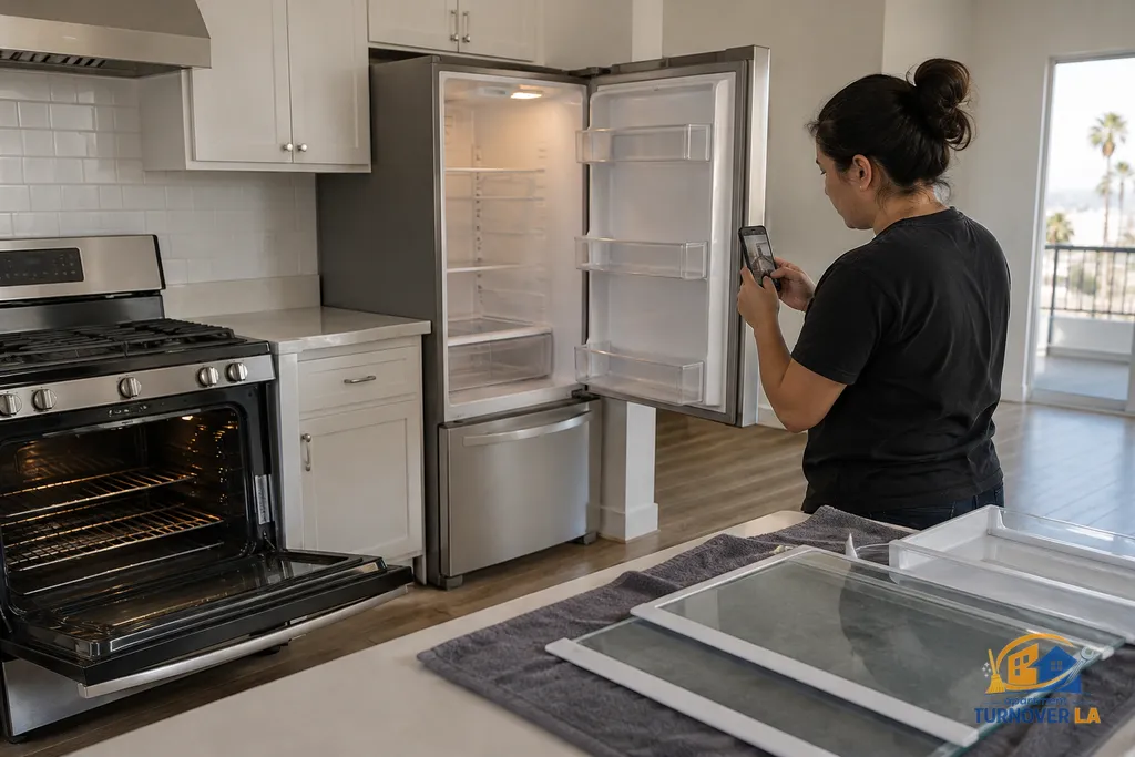 Documenting refrigerator and oven cleaning during a Los Angeles apartment turnover