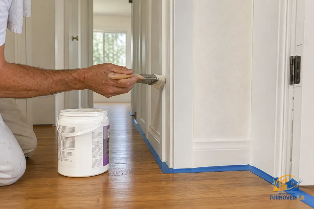 Close view of trim cut-in on smooth plaster wall with painter’s tape and a labeled gallon of interior acrylic paint in a Los Angeles hallway
