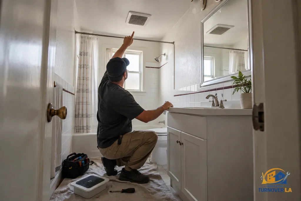 Apartment maintenance punch list work in a vacant Hollywood bathroom