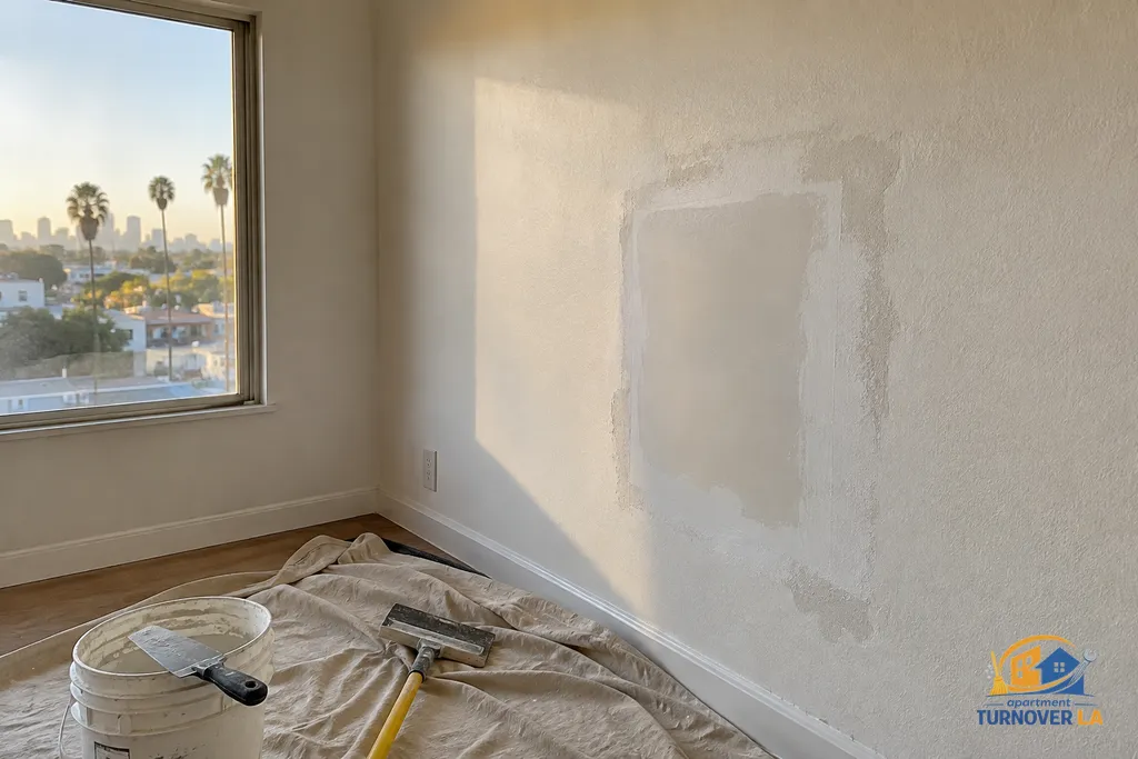Spot-primed drywall repair prepared for apartment repainting in Los Angeles