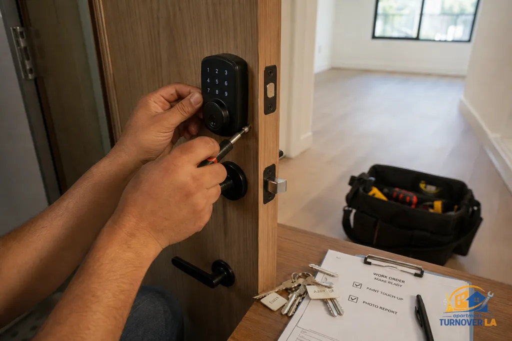 Smart lock installation during LA rental turnover with labeled keys and a printed punch list beside the door