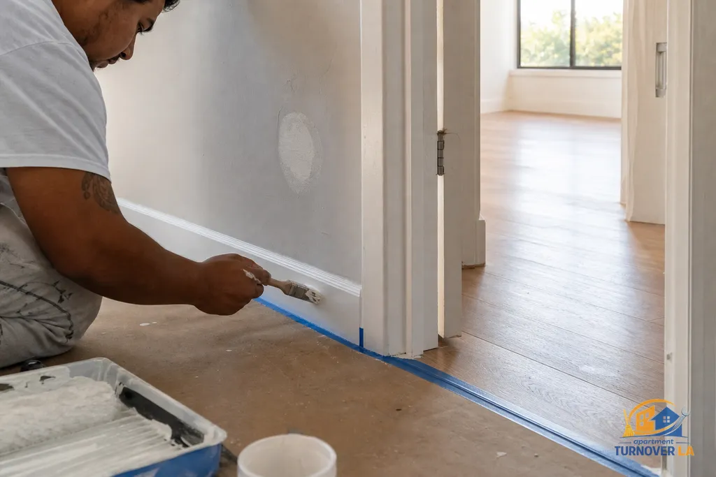 Baseboard paint touch up and small drywall patch near a doorway in a Los Angeles rental during turnover prep