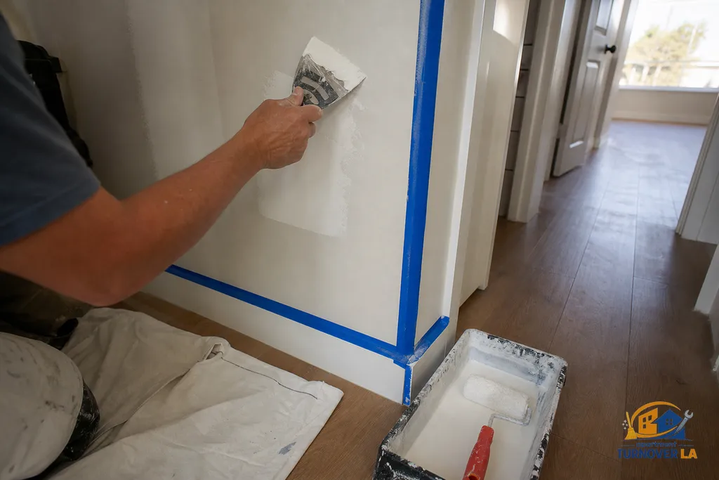 Detail of a drywall patch and trim prep in an LA apartment hallway, with taped baseboard and primer tray ready for repaint