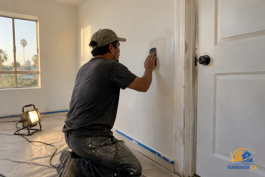 Drywall patch and wall preparation before apartment repainting in Los Angeles