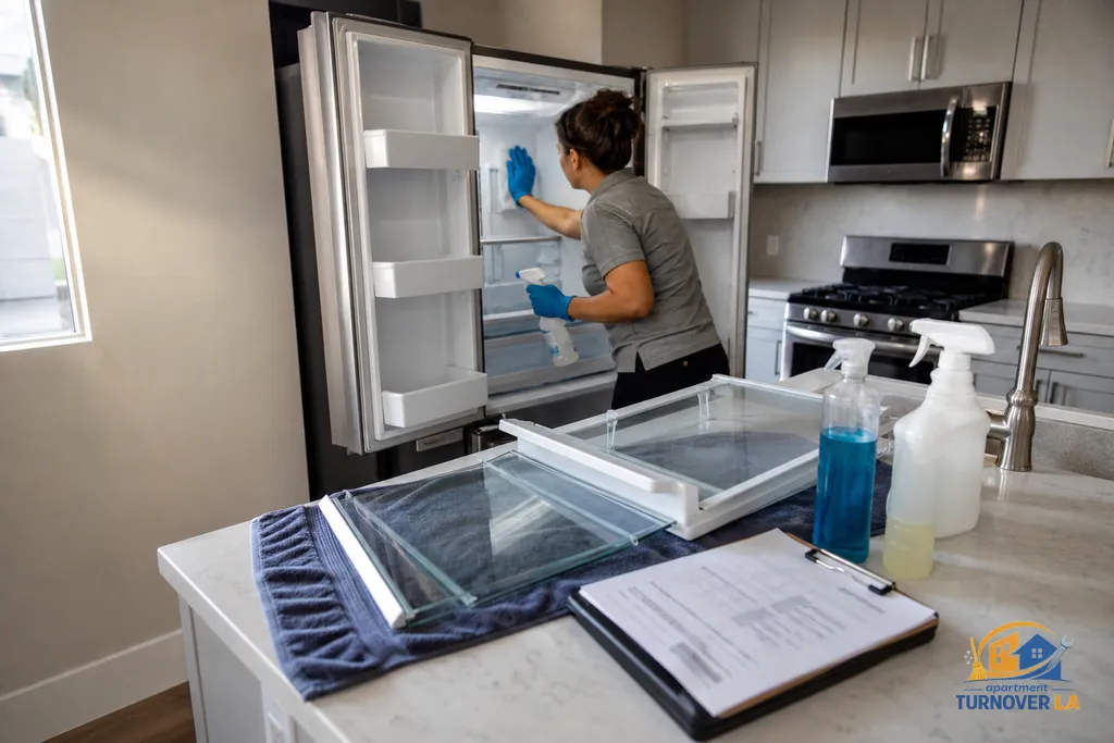 Cleaner wiping the inside of an empty stainless refrigerator in an LA rental kitchen, shelves drying and a turnover checklist on the counter