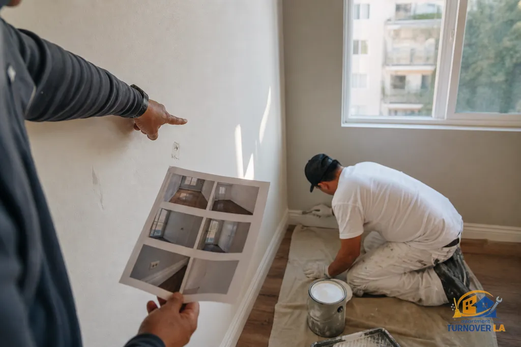 Move-out photo report showing scuffs and nail holes next to careful edge cutting on baseboards in a Hollywood rental unit