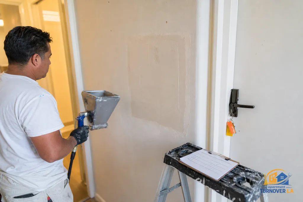 Technician completing a medium drywall repair with texture tools in a Los Angeles apartment hallway before paint touch-up