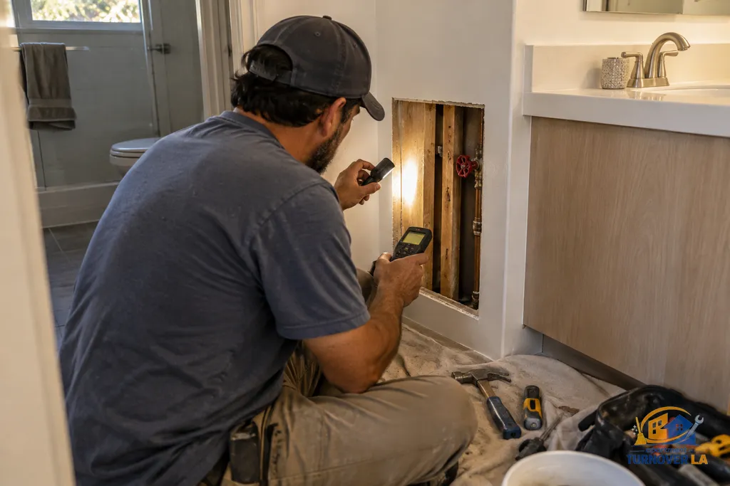 Moisture check before drywall repair beside a Los Angeles rental bathroom vanity