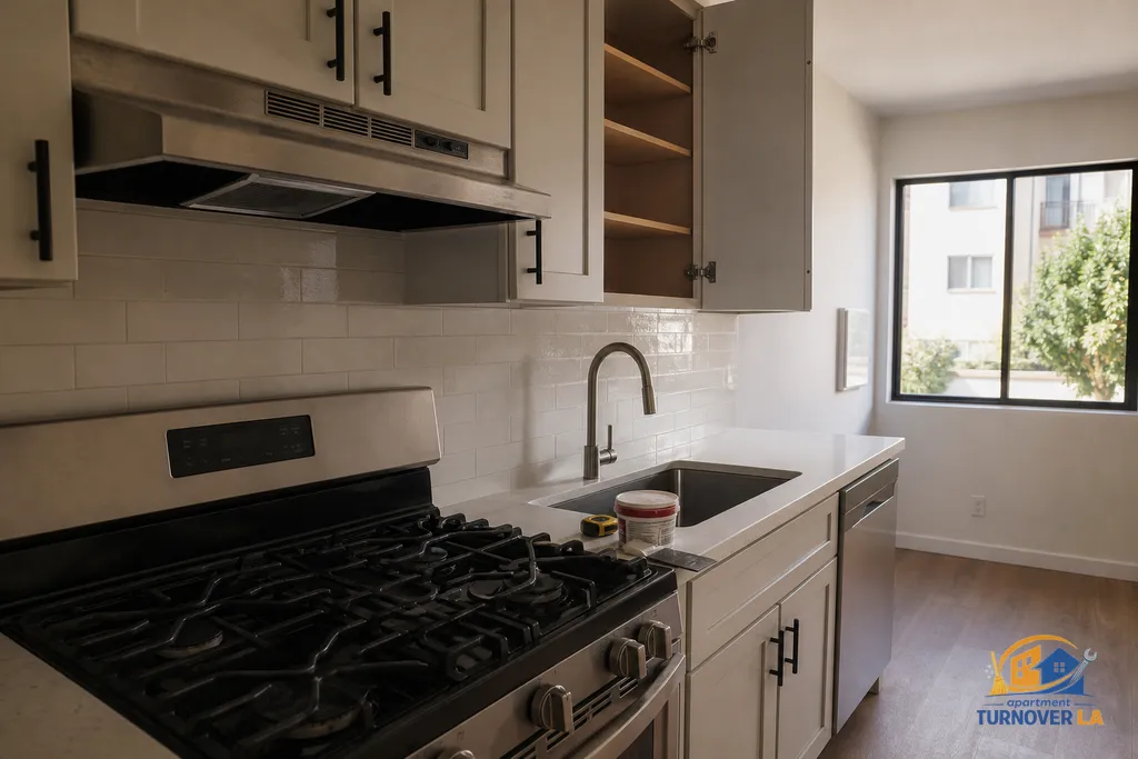Detail of a cleaned LA apartment kitchen with degreased hood, wiped cabinets, and a ready drywall kit for minor repairs